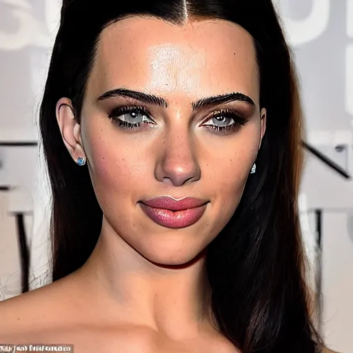 Image similar to a woman who is a genetic combination of kim kardashian and kat dennings and scarlett johansson and margot robbie and emma watson, face and upper - body focus, detailed eyes