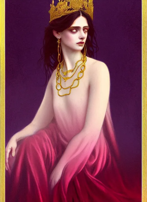 Image similar to ombre velvet gown, lovely queen, portrait, long hair, small crown, dozens of jeweled necklaces, feral languid woman, by greg rutkowski, anato finnstark, alphonse mucha, global illumination, radiant light