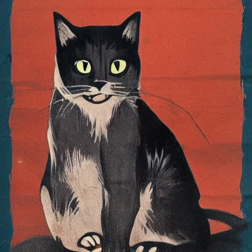 Image similar to cat on a communist propaganda poster, highly detailed, fear inducing, vintage