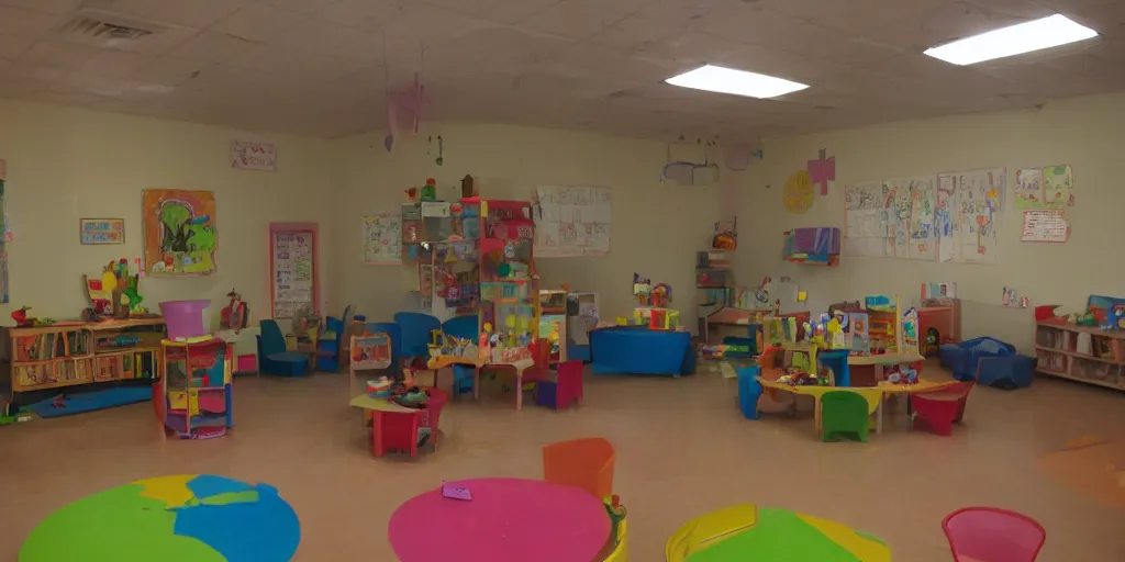 Prompt: childrens daycare indoors limital space, dimly lit, creepy photo