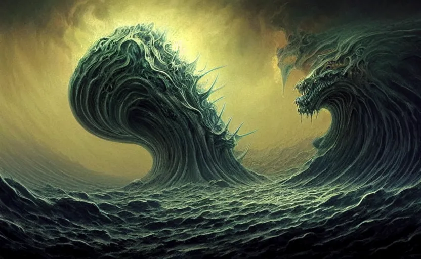 Image similar to beautiful digital fantasy illustration of a demon holding a staff!!, hellish background, a giant wave in the sky, apocalypse art!!!!, apocalypse landscape!!!!!, lovecraftian!!, cosmic horror!!!, concept art by Jarosław Jaśnikowski, a detailed matte painting by Dan Luvisi, cgsociety, fantasy art, highly detailed, soft lighting, rendered in octane, masterpiece, very very very aesthetic