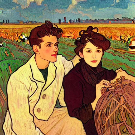 Image similar to painting of handsome young delicate beautiful jeffrey in his 2 0 s with brown hair and gorgeous rina together at the pumpkin patch in october, elegant, clear, painting, stylized, art, art by alphonse mucha, vincent van gogh, egon schiele,