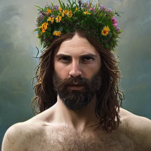 Image similar to portrait of the god of the meadow, 30 years old, upper body!!!!! meadow, flower crown, rugged, male, long hair, gorgeous, detailed face, amazing, hairy torso, muscular, intricate, highly detailed, digital painting, artstation, concept art, sharp focus, illustration, art by greg rutkowski and alphonse mucha