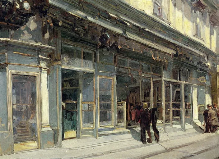 Image similar to artwork painting of the storefront front of a building by ivan shishkin, john singer sargent