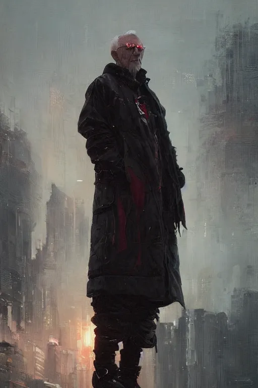 Prompt: portrait of an old wizened man dressed in cyberpunk - inspired designer streetwear by raf simons, oil on canvas by greg rutkowski, beautiful painting, soft lighting