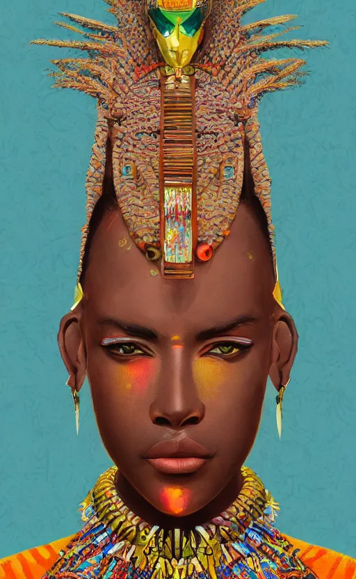 Image similar to upper half portrait of retro futuristic african tribal chief - embellished with vegetation and iridescent crystals, art by chsiao - ron cheng, highly detailed, digital painting, concept art, illustration, smooth sharp focus, intricate, symmetry, artstation, colourful,