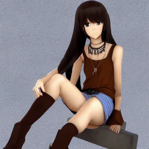 Image similar to 3d anime girl, wearing a tanktop, perfect body, wearing brown boots, long brown hair, gorgeous face, silver necklace, high quality anime art, trending on artstation