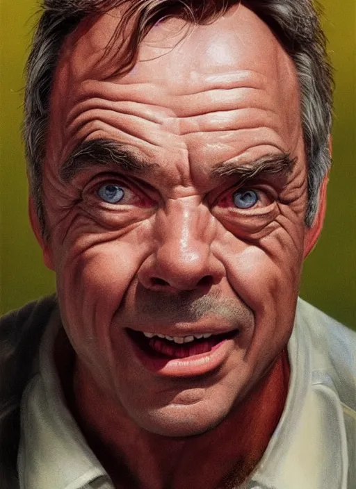 Prompt: portrait of Sam Neill from In The Mouth of Madness (1994), highly detailed, centered, solid color background, digital painting, artstation, concept art, smooth, sharp focus, illustration, Basil Gogos, Joseph Christian Leyendecker, Les Edwards, Ed Repka, WLOP, Artgerm