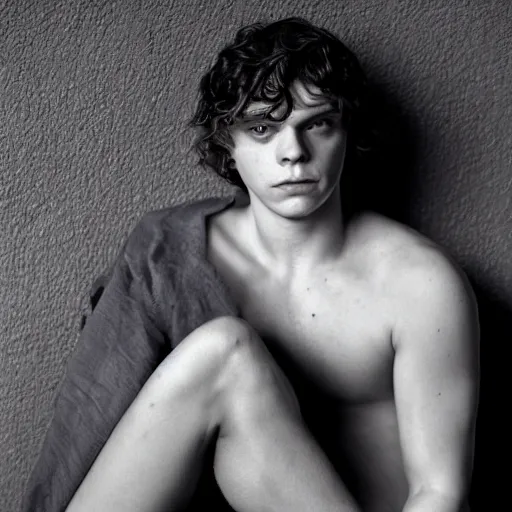 Prompt: evan peters, shirtless, vintage model fashion photography, realistic, detailed