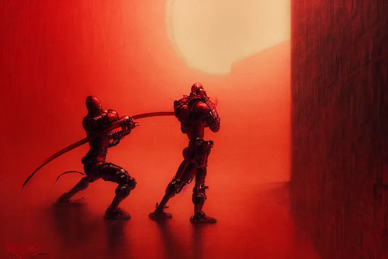 Image similar to only with red, a red cyborg samurai, tokio futuristic in background, some evil yokai fight, in the style of beksinski, parts by edward hopper, parts by rodcenko, parts by yue minjun, intricate and epic composition, red by caravaggio, insanely quality, highly detailed, masterpiece, red light, artstation, 4 k