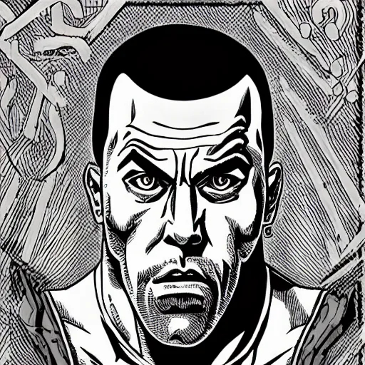 Prompt: Digital color ink drawing of Joe Rogan from JoJo's Bizzare Adventure, highly detailed, sharp focus, screentone shading, 1990 manga panel, trending on ArtStation, manga cover art drawn by Hirohiko Araki,