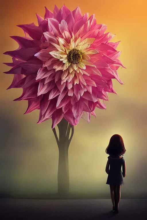 Image similar to closeup giant dahlia flower head, girl in a suit, standing in street, surreal photography, sunrise, dramatic light, impressionist painting, digital painting, artstation, simon stalenhag