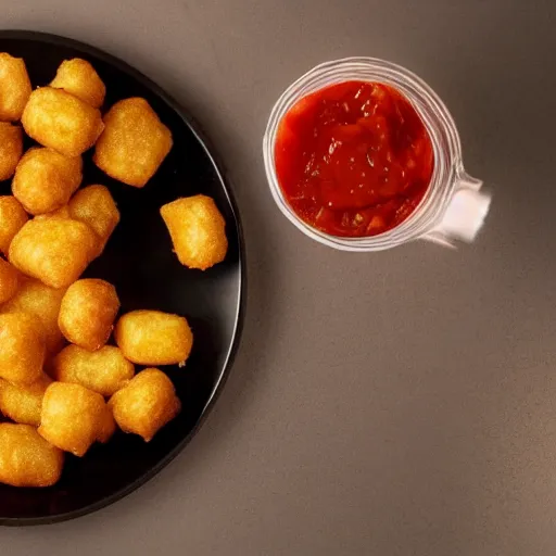 Image similar to food photo of channing tatum's face as giant tater tot on a plate with ketchup