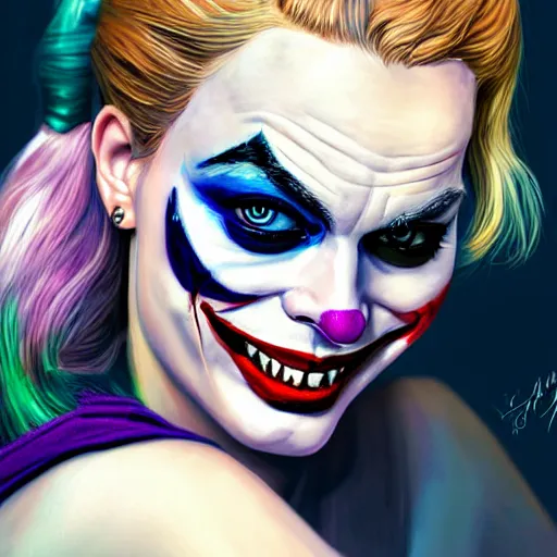 Prompt: Margot Robbie as Harley Quinn kissing the joker, highly detailed, digital painting, artstation, concept art, smooth, sharp focus, illustration, art by yoji shinakawa