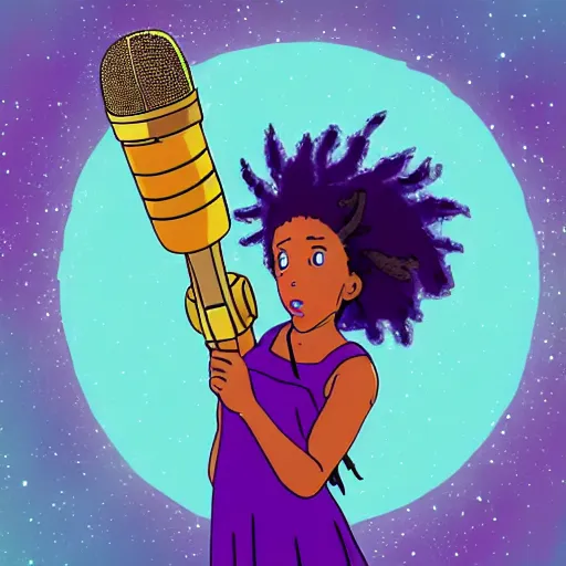 Image similar to black woman with purple dreads with a microphone in space in the style of ghibli