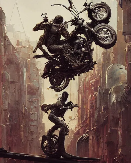 Image similar to a highly detailed epic cinematic concept art CG render digital painting artwork: Akira biker gang. By Greg Rutkowski, in the style of Francis Bacon and Syd Mead and Norman Rockwell and Beksinski, open ceiling, highly detailed, painted by Francis Bacon and Edward Hopper, painted by James Gilleard, surrealism, airbrush, Ilya Kuvshinov, WLOP, Stanley Artgerm, very coherent, triadic color scheme, art by Takato Yamamoto and James Jean