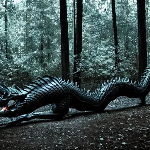 Prompt: dragon out of a pool of oil, photograph taken in a dark forest