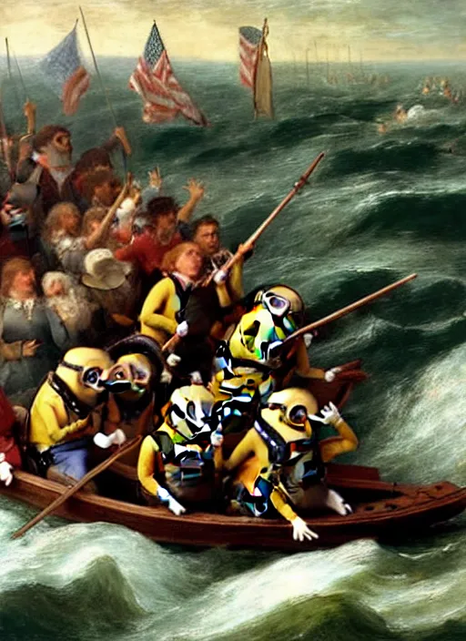 Image similar to minions crossing the delaware, oil painting by emanuel leutze, exact replica