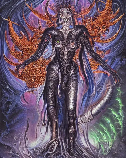 Image similar to silver mechanical charred bloody fleshmetal obliterator cyborg daemonhost woman wearing robes, psychedelic flamer of tzeentch with extra arms gunner, blue and green rainbow fire, by antonio j. manzanedo, alex grey, android jones, wayne barlowe, philippe druillet, josephine wall, harumi hironaka, cronenburg, trending on artstation