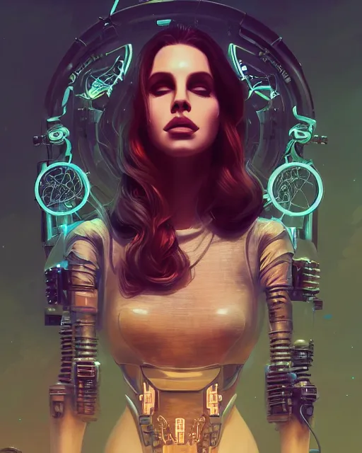 Image similar to portrait of lana del rey as a cyberpunk cyborg. roses, sci - fi, intricate abstract, upper body, intricate artwork, by tooth wu, wlop, beeple, dan mumford. concept art, 8 k octane render, deviantart, greg rutkowski, cinematic, key art, hyperrealism, iridescent accents