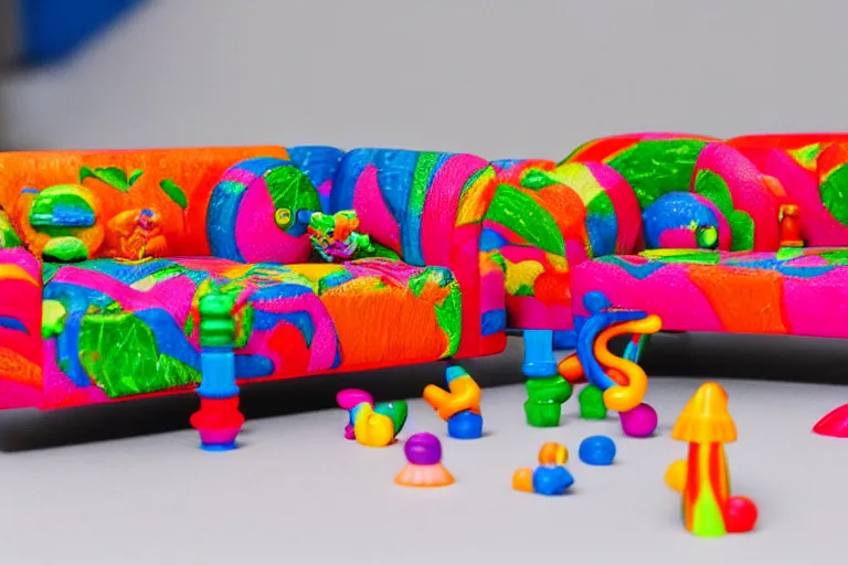 Prompt: fisher price couch, perfect focus, psychedelic trippy couch, marble run, planets, sofa scene from tv show hyper detailed 5 5 mm 8 5 mm, toy photography, made out of plastic