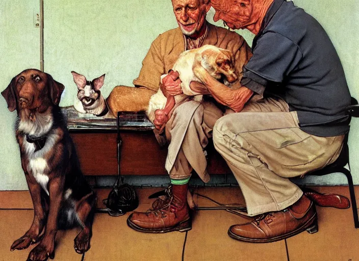 Image similar to high quality high detail painting by norman rockwell, hd, old man with is dog, muted pastel colors, photorealistic lighting