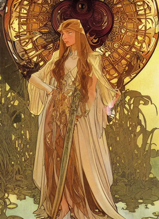 Image similar to galadriel in the slumps brown skin golden hair brown leather armor high fantasy dnd smooth sharp focus illustration by rossdraws, alphonse mucha frank fanzzeta