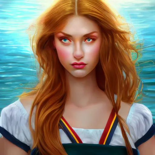 Prompt: epic portrait an beautiful woman wearing sailor outfit short sleeved and standing on a boat, beauty, pretty face, glossy skin, long blonde flowing hair, shiny skin, muscular, digital painting, artstation, concept art, soft light, hdri, smooth, sharp focus, illustration, fantasy, intricate, elegant, highly detailed, D&D, matte painting, in the style of Greg Rutkowski and Alphonse Mucha and artemisia, 8k, highly detailed, jurgens, rutkowski, bouguereau, pastoral, rustic, georgic, detailed concept art, illustration, colorful pastel, painting, detail, ultra detailed, digital art, 4K,