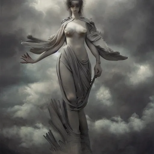 Image similar to By Tom Bagshaw, ultra realist soft painting of a selection of anime miniature fully dressed resin statues with dioramas, symmetry accurate features, very intricate details, ominous sky, black and white, volumetric light clouds