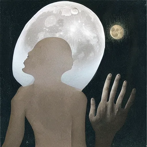 Prompt: looking at the full moon, transparent soul leaving the body, dave mckean, loischl