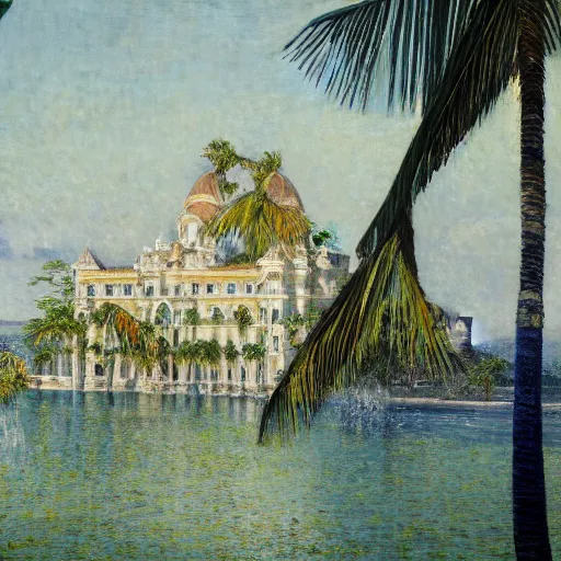 Image similar to a ultradetailed beautiful painting of the amazonas palace balustrade designed by jules bastien - lepage, hans belmer, frank weston and gustave baumann, beach, trending on artstation, mediterranean, palm trees, refracted color sparkles, sharp focus, soft light, 8 k 4 k