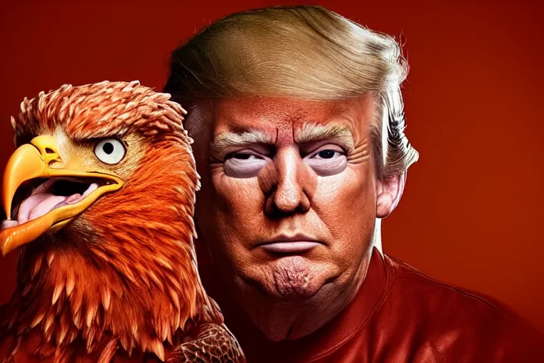 Image similar to Close-up portrait of Donald Trump in jail wearing orange clothes with an American bald eagle attacking him, octane, dramatic lighting, editorial photo, 35mm, very detailed