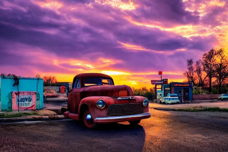 Image similar to a sunset light landscape with historical route 6 6, lots of sparkling details and sun ray ’ s, blinding backlight, smoke, volumetric lighting, colorful, octane, 3 5 mm, abandoned gas station, old rusty pickup - truck, beautiful epic colored reflections, very colorful heavenly, softlight