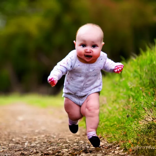 Prompt: baby running at full speed, photograph, outdoors