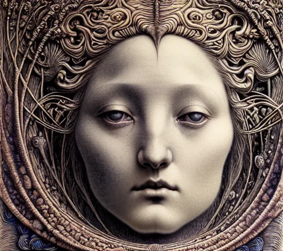 Image similar to detailed realistic beautiful moon goddess face portrait by jean delville, gustave dore, iris van herpen and marco mazzoni, art forms of nature by ernst haeckel, art nouveau, symbolist, visionary, gothic, neo - gothic, pre - raphaelite, fractal lace, intricate alien botanicals, ai biodiversity, surreality, hyperdetailed ultrasharp octane render