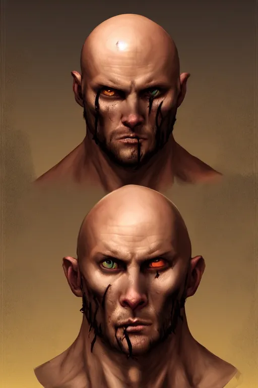 Image similar to unattractive, bald and unsympathetic Human_fighter!, He has 6 scares on his face, and a bloodthirsty look in his eyes. full_body!!, dungeons and dragons character, highly detailed, digital painting, artstation, concept art, sharp focus, illustration, art by Leonardo da Vinci and Michelangelo and Botticelli