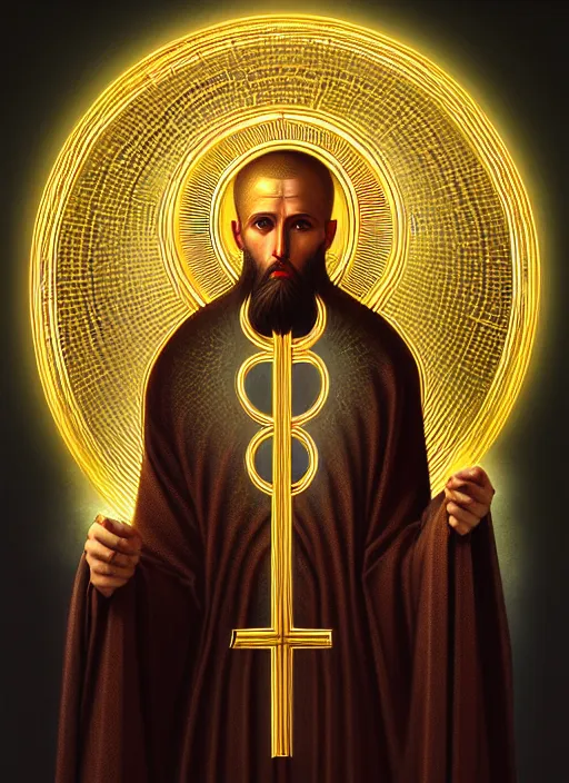 Image similar to hyper detailed ultra sharp orthodox saint icon, backlit golden halo, unholy man, trending on artstation, byzantine aesthetic, elden ring, religious, decadent, ornate, intricate, digital painting, concept art, smooth, sharp focus, illustration, art by artgerm and greg rutkowski and zdizslaw beksinski, 8 k