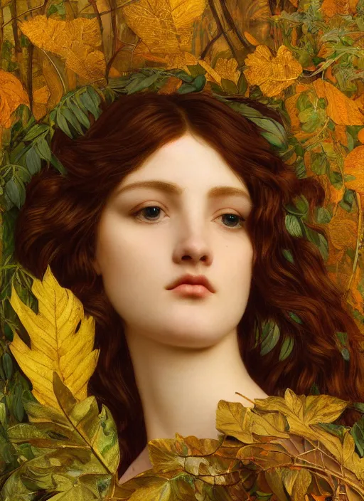 Prompt: masterpiece beautiful seductive flowing curves preraphaelite face portrait amongst leaves, extreme close up shot, straight bangs, thick set features, yellow ochre ornate medieval dress, laying amongst foliage mushroom forest circle arch, frederic leighton and kilian eng and rosetti and preraphaelites, 4 k