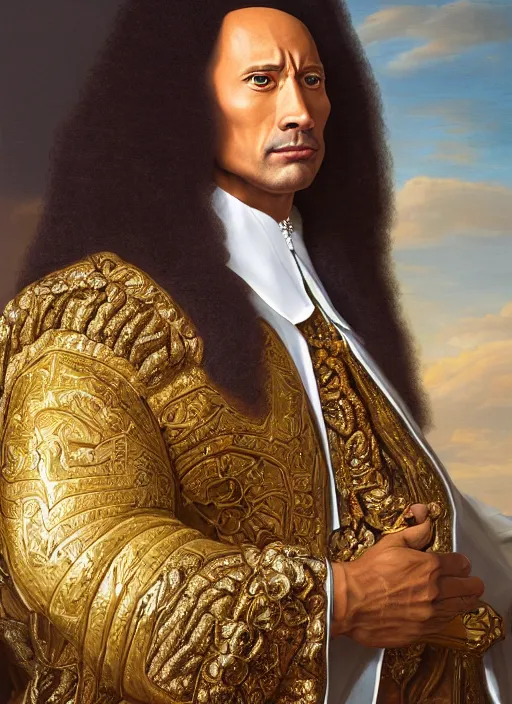 Image similar to beautiful oil painting, portrait of Dwayne the rock Johnson as Louis xiv in coronation robes 1701, Dan Mumford, Dan Mumford, Alex grey, Alex grey, hyacinthe rigaurd, highly detailed, ornate