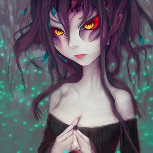 Prompt: portrait of darkness witch as an anime girl, dark forest background, inspired by Tim Burton, digital painting, unreal engine render, volumetric light, high détail