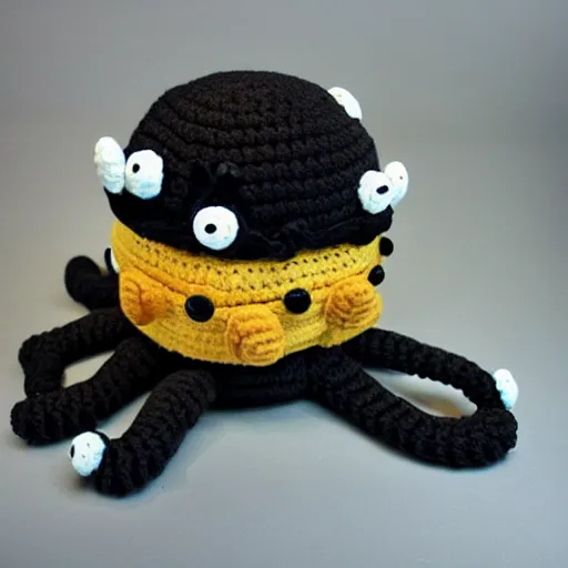 Prompt: a crochet octopus that is eating sushi, crochet octopus eating sushi, eating sushi, photo realistic, indoor lighting