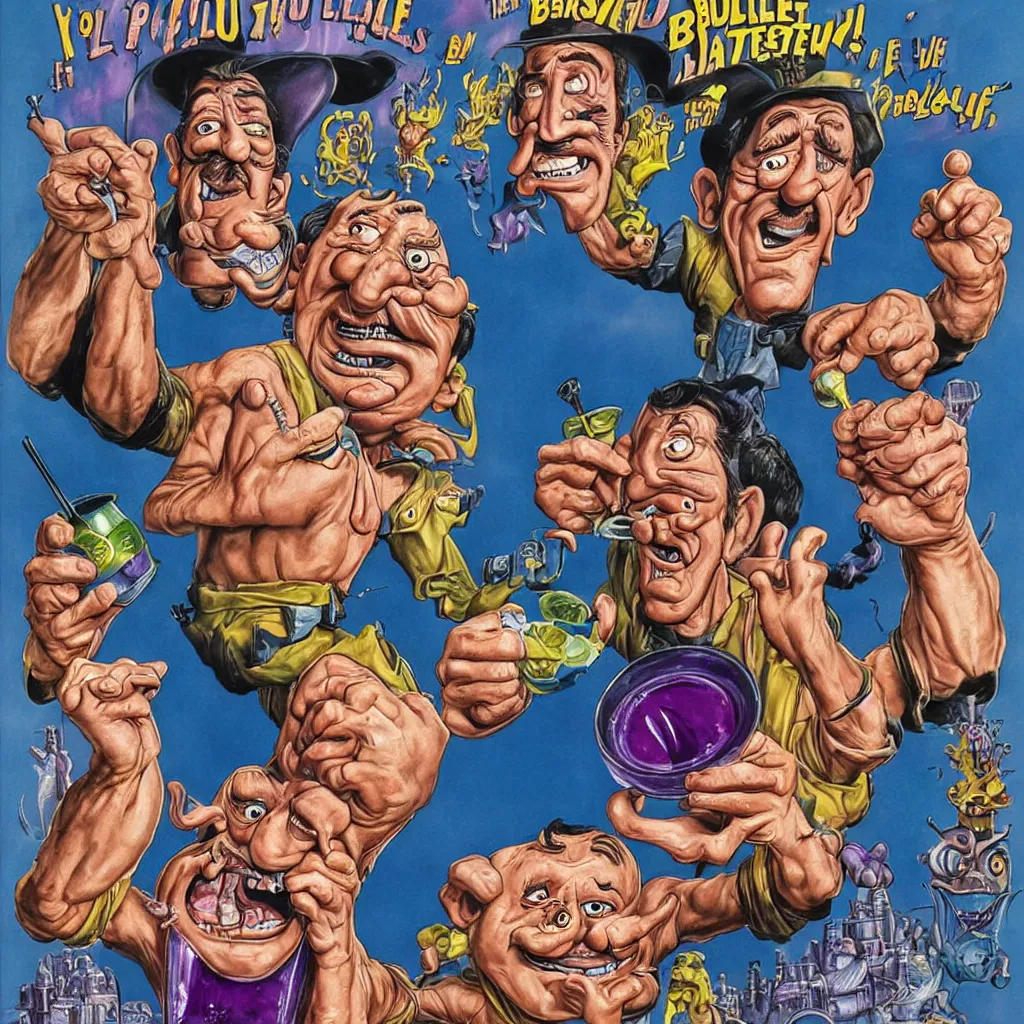 Image similar to promotional art for the movie'unless you hate bullruns ', barry chuckle preparing a batch of purple oil drink, hyperreal detailed facial features and uv lighting, art by ed roth and basil wolverton