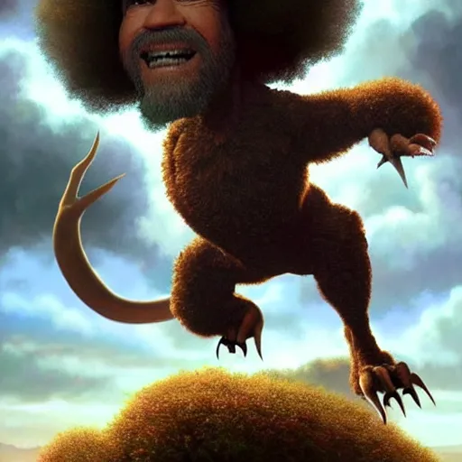 Image similar to bob ross!!! riding!!! a dinosaur!!, giant afro!, model pose, ultra realistic, concept art, intricate details, highly detailed, photorealistic, octane render, 8 k, unreal engine. art by artgerm and greg rutkowski and alphonse mucha