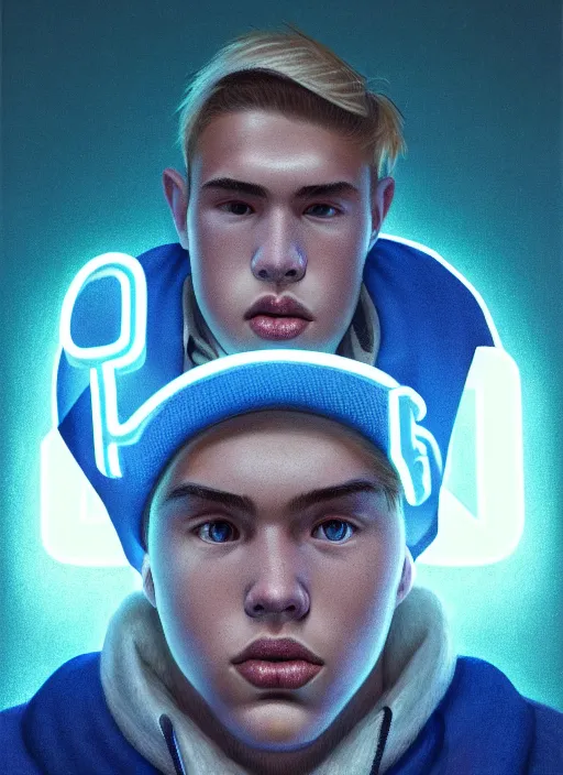 Image similar to portrait of high school senior boy named big moose, blonde short hair, jock, beefy, wide face, square jaw, square facial structure, blue varsity jacket with letter r, intricate, elegant, glowing lights, highly detailed, digital painting, artstation, concept art, sharp focus, illustration, art by wlop, mars ravelo and greg rutkowski