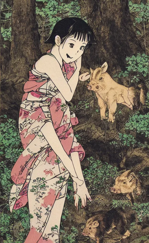 Prompt: by akio watanabe, manga art, a cub boar is curios about girl with brown hair, in forest, trading card front, kimono, realistic anatomy