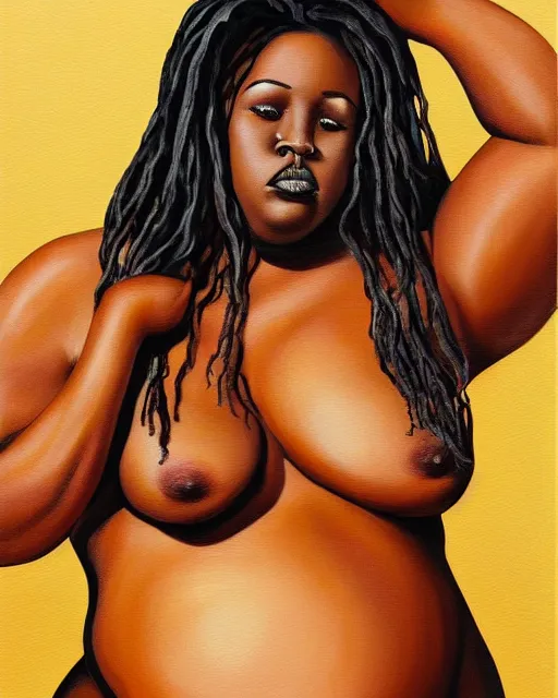 Prompt: upper body portrait of a gorgeous black woman, obese, muscular, wearing bikini. oil on canvas, black oil bath, illustration. beautiful face!!!