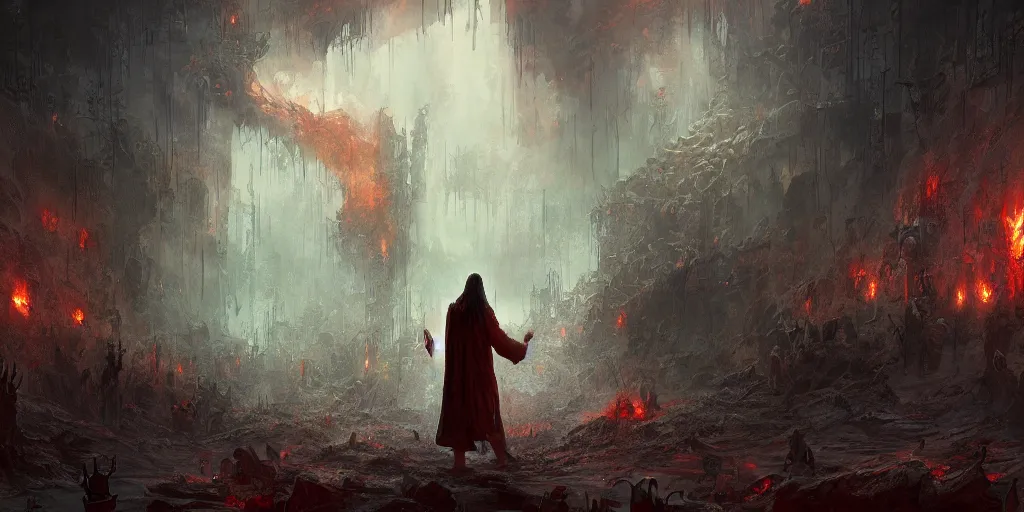 Prompt: Jesus Christ, walking through hell, to destroy Satan's kingdom , a fantasy digital Painting, by Marc Simonetti