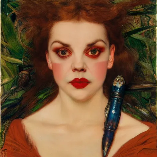 Image similar to portrait of a hybrid of a hybrid of judy garland and lady gaga and christina ricci, with downward slanting eyes, with a brown fringe, holman hunt, john william waterhouse, kilian eng, rosetti, john everett millais, william holman hunt, 4 k