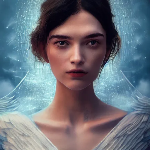 Image similar to portrait art of female angel by alessio albi 8 k ultra realistic, angel wings, lens flare, atmosphere, glow, detailed, intricate, full of colour, cinematic lighting, trending on artstation, 4 k, hyperrealistic, focused, extreme details, unreal engine 5, cinematic, masterpiece