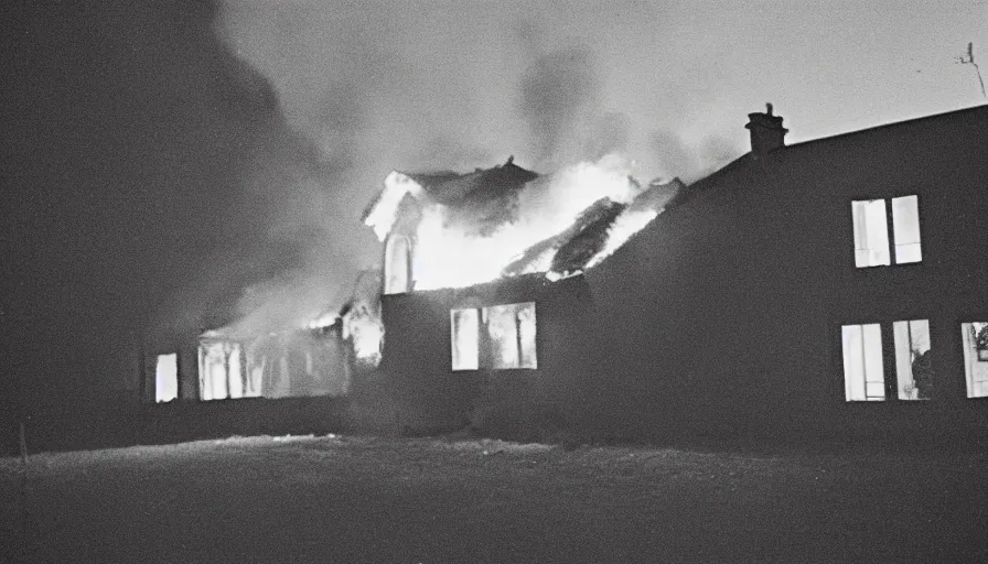 Image similar to 1 9 7 0 s movie still of a heavy burning house in a small french village by night, cinestill 8 0 0 t 3 5 mm, heavy grain, high quality, high detail, dramatic light, anamorphic, flares